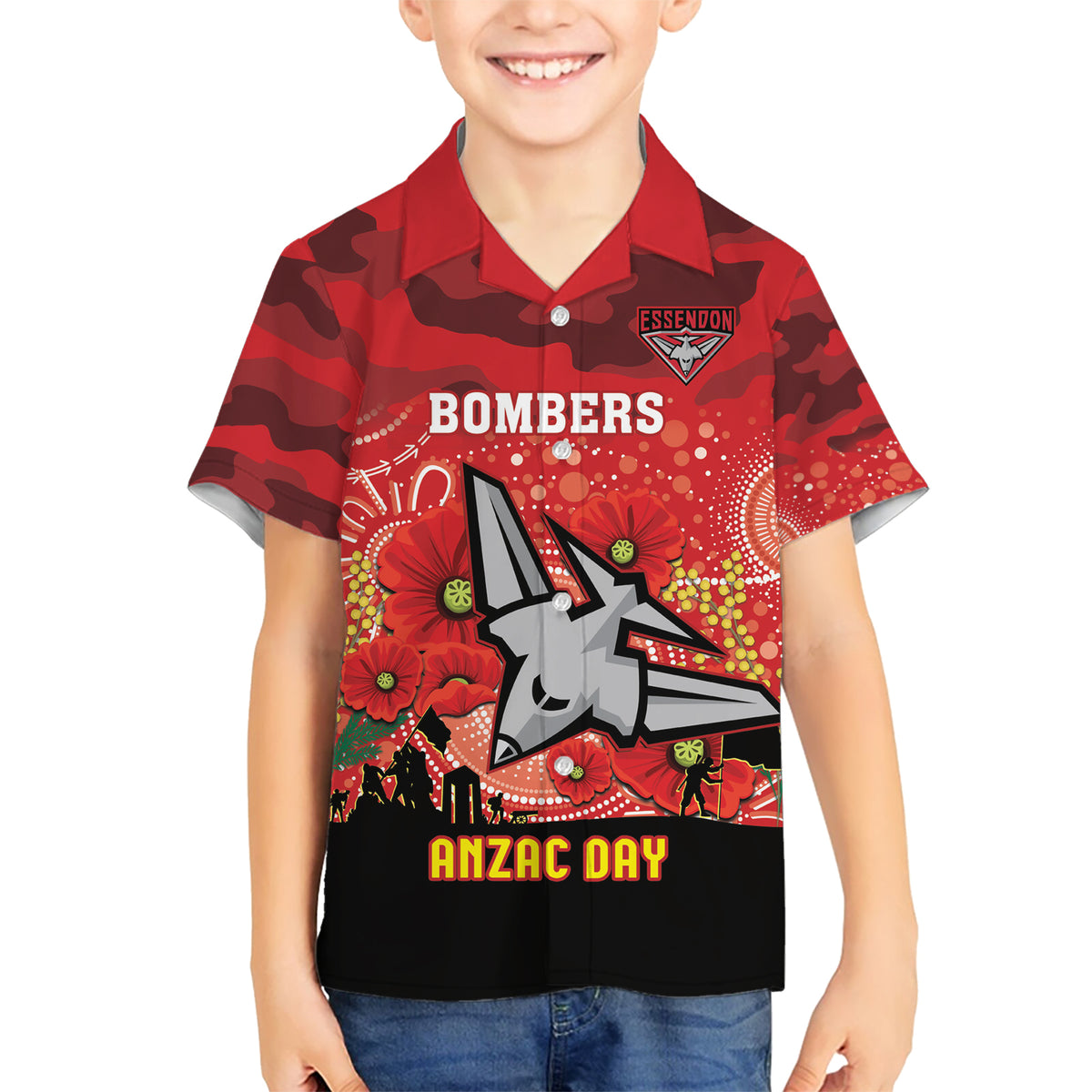 Custom Essendon Football ANZAC Kid Hawaiian Shirt Gallipoli Camouflage With Poppies