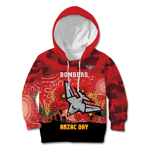 Custom Essendon Football ANZAC Kid Hoodie Gallipoli Camouflage With Poppies