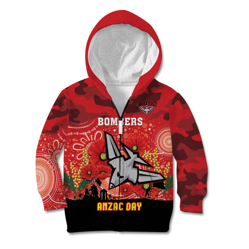 Custom Essendon Football ANZAC Kid Hoodie Gallipoli Camouflage With Poppies