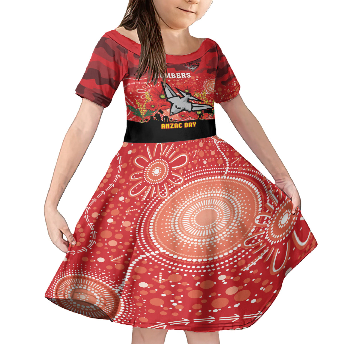 Custom Essendon Football ANZAC Kid Short Sleeve Dress Gallipoli Camouflage With Poppies