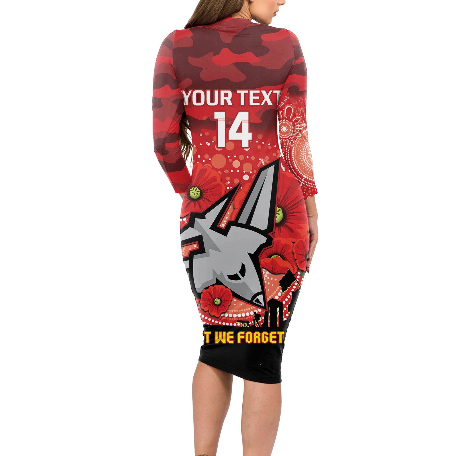 Custom Essendon Football ANZAC Long Sleeve Bodycon Dress Gallipoli Camouflage With Poppies