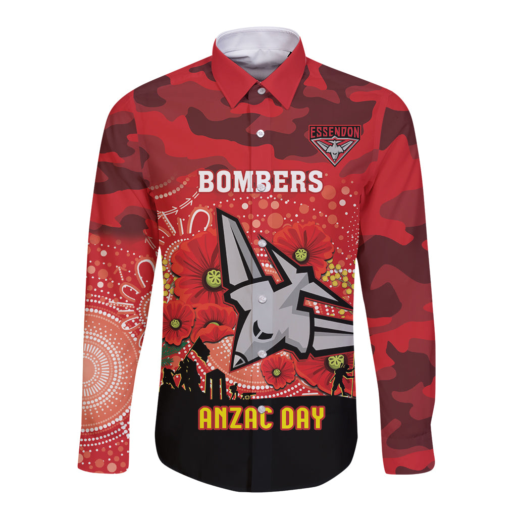 Custom Essendon Football ANZAC Long Sleeve Button Shirt Gallipoli Camouflage With Poppies