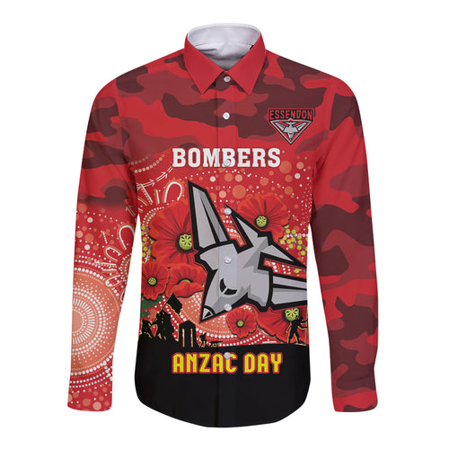 Custom Essendon Football ANZAC Long Sleeve Button Shirt Gallipoli Camouflage With Poppies