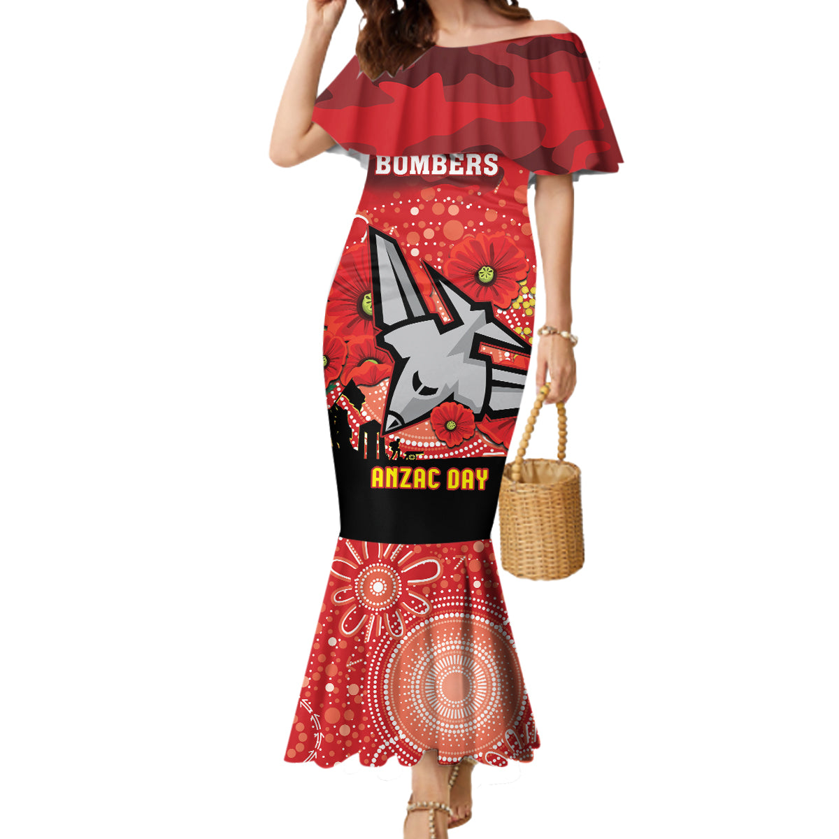 Custom Essendon Football ANZAC Mermaid Dress Gallipoli Camouflage With Poppies