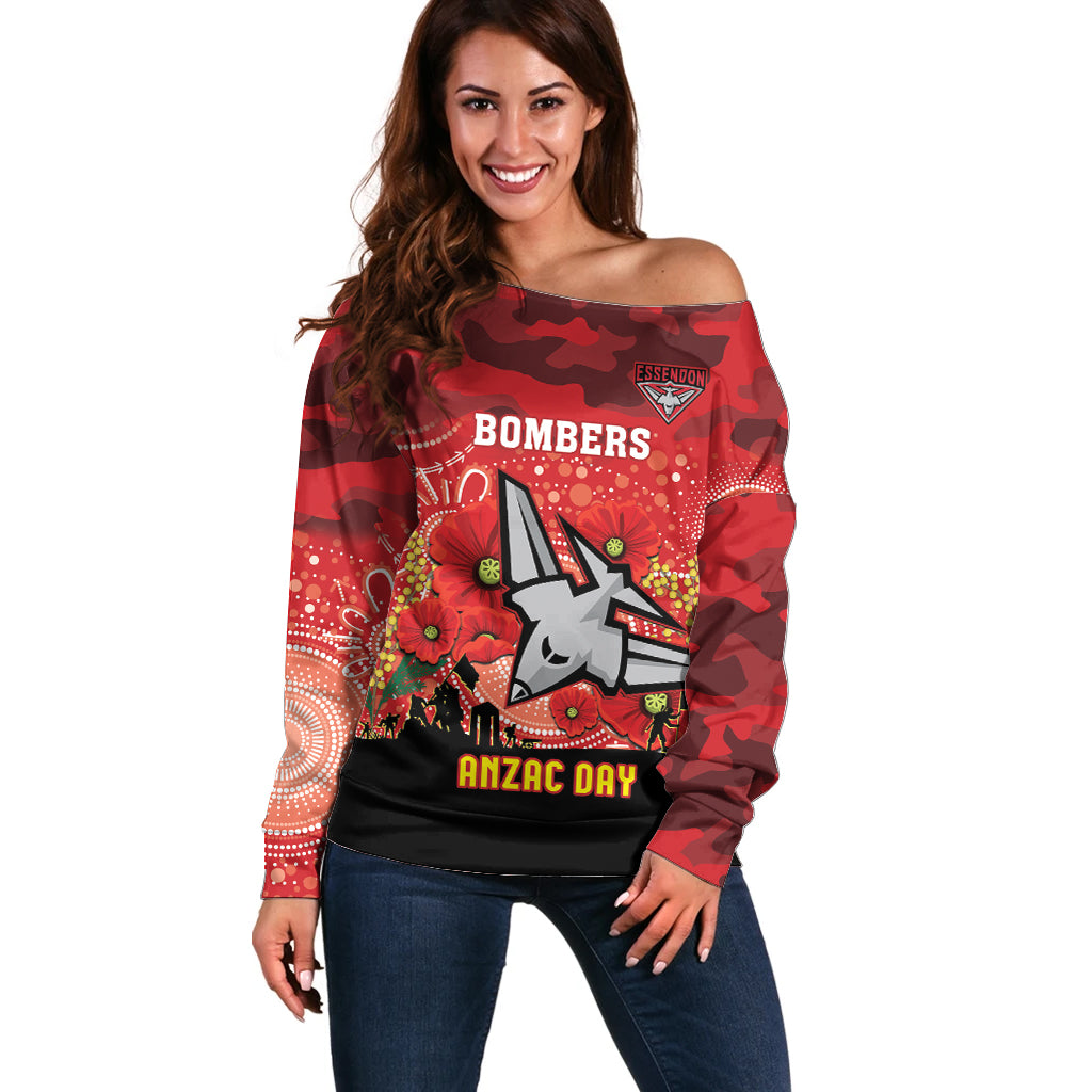 Custom Essendon Football ANZAC Off Shoulder Sweater Gallipoli Camouflage With Poppies