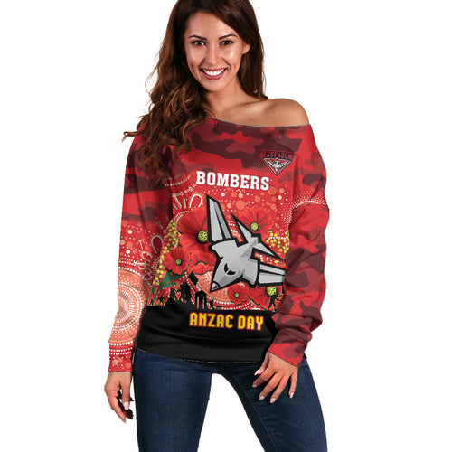 Custom Essendon Football ANZAC Off Shoulder Sweater Gallipoli Camouflage With Poppies