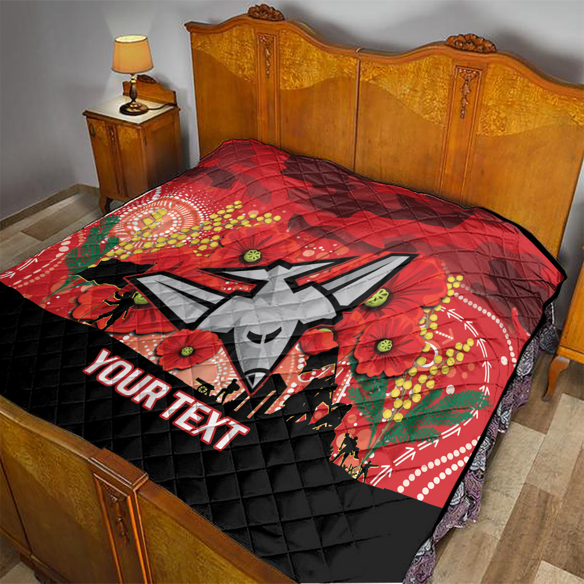 Custom Essendon Football ANZAC Quilt Gallipoli Camouflage With Poppies