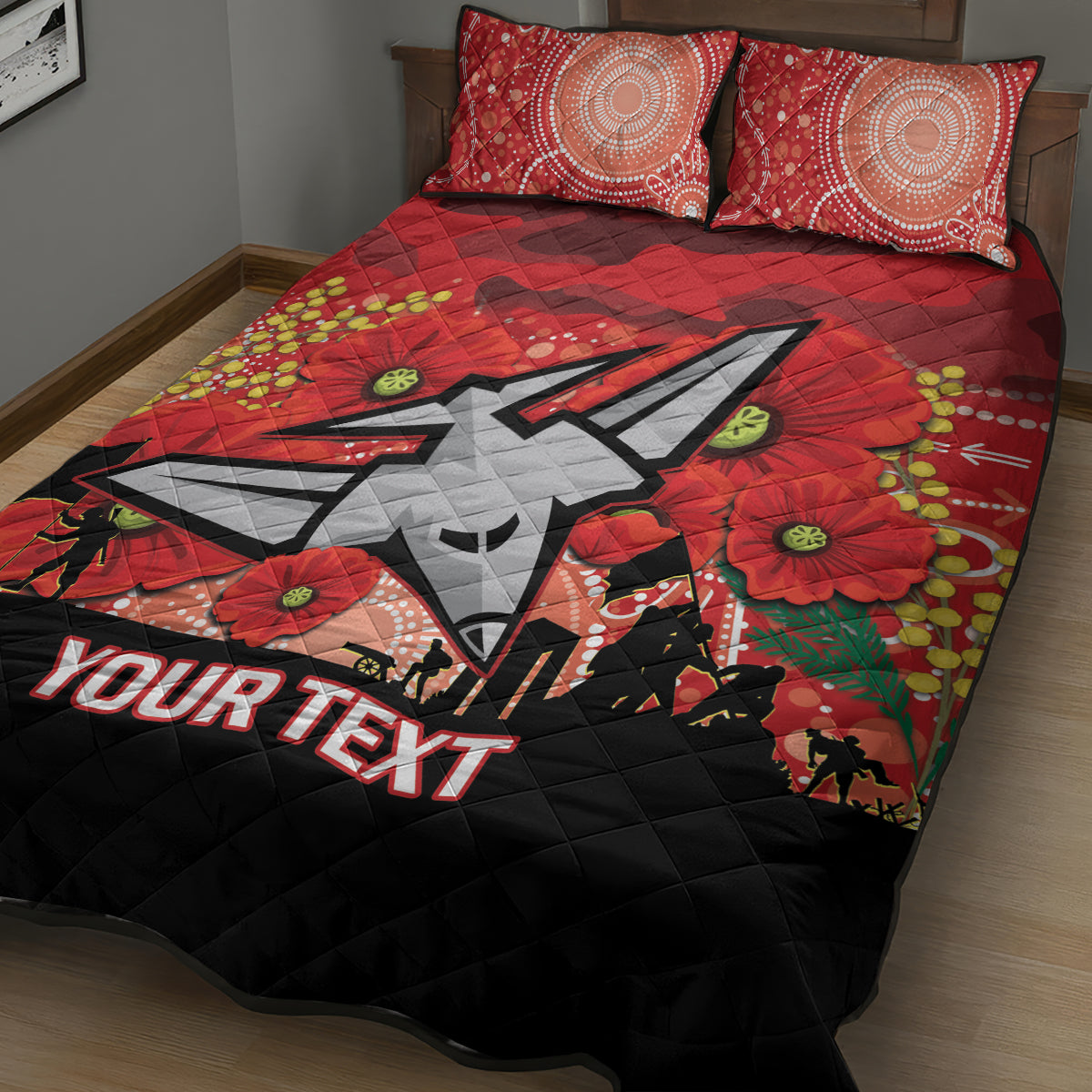 Custom Essendon Football ANZAC Quilt Bed Set Gallipoli Camouflage With Poppies
