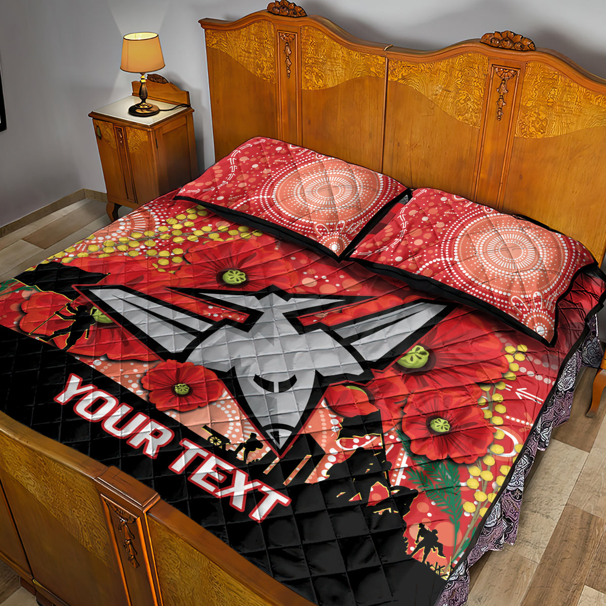 Custom Essendon Football ANZAC Quilt Bed Set Gallipoli Camouflage With Poppies