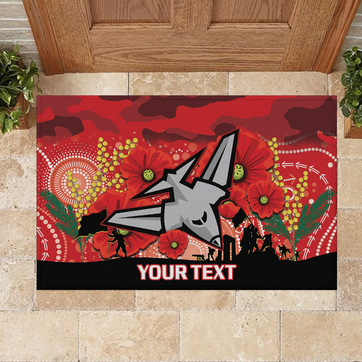 Custom Essendon Football ANZAC Rubber Doormat Gallipoli Camouflage With Poppies