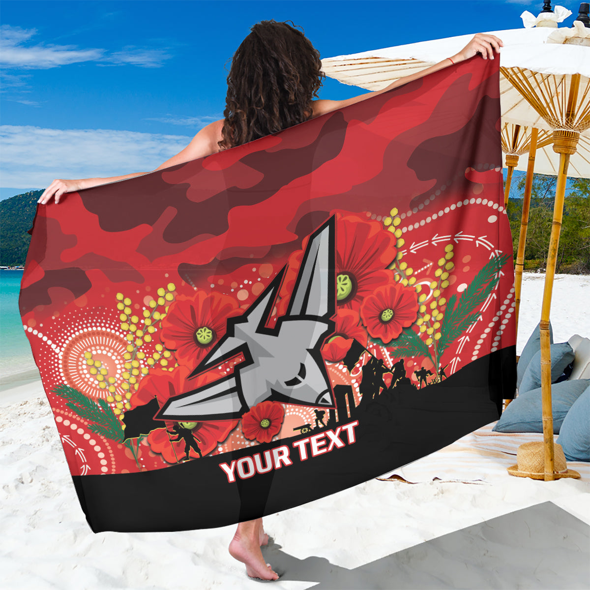 Custom Essendon Football ANZAC Sarong Gallipoli Camouflage With Poppies