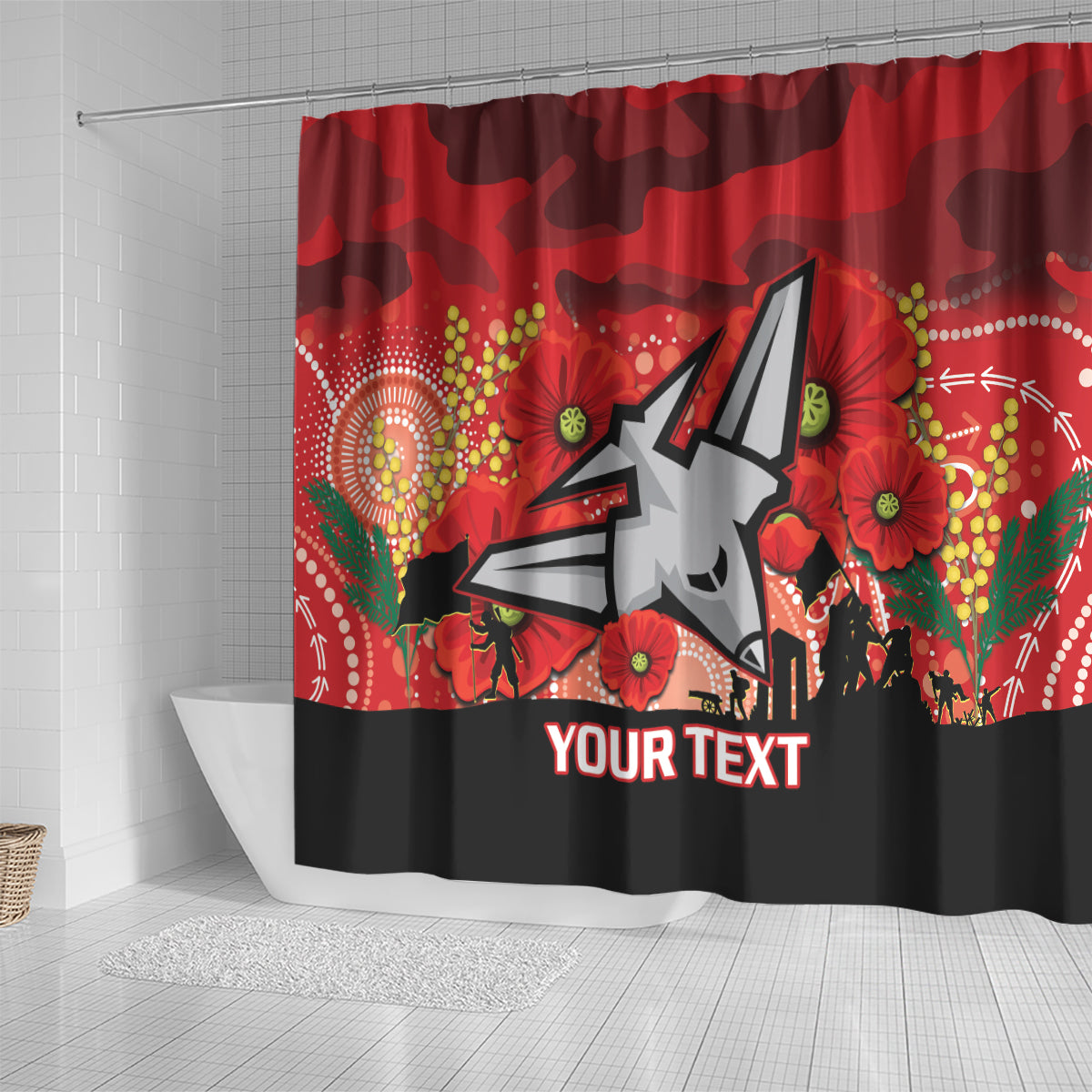 Custom Essendon Football ANZAC Shower Curtain Gallipoli Camouflage With Poppies