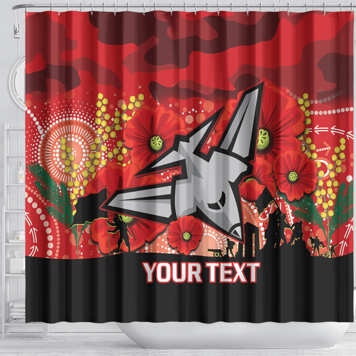 Custom Essendon Football ANZAC Shower Curtain Gallipoli Camouflage With Poppies