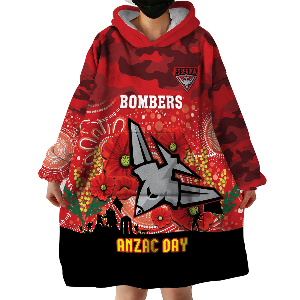 Custom Essendon Football ANZAC Wearable Blanket Hoodie Gallipoli Camouflage With Poppies