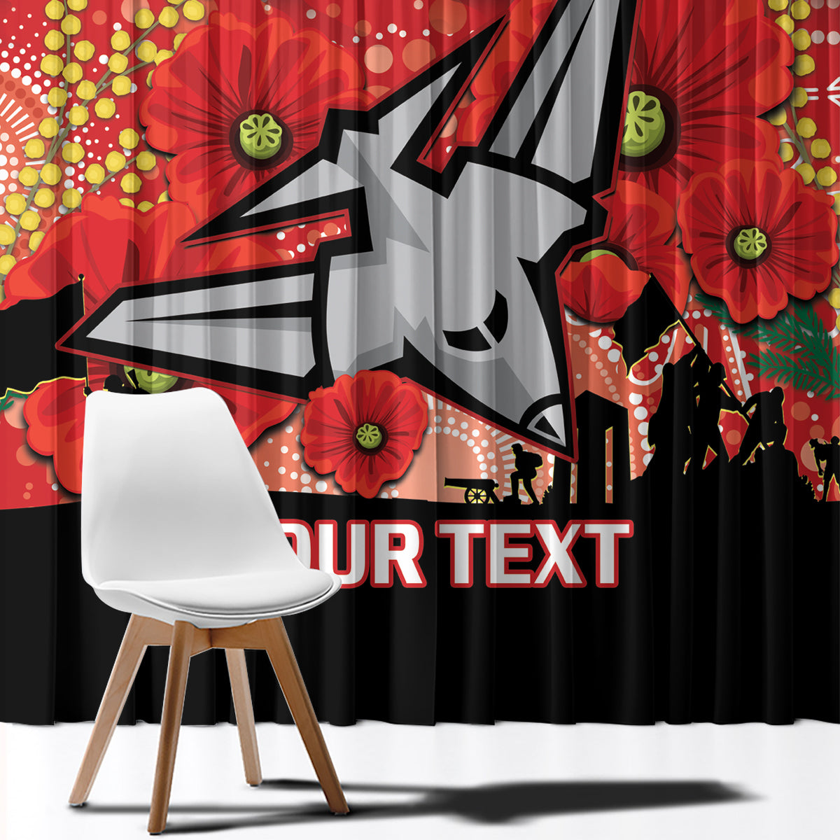 Custom Essendon Football ANZAC Window Curtain Gallipoli Camouflage With Poppies