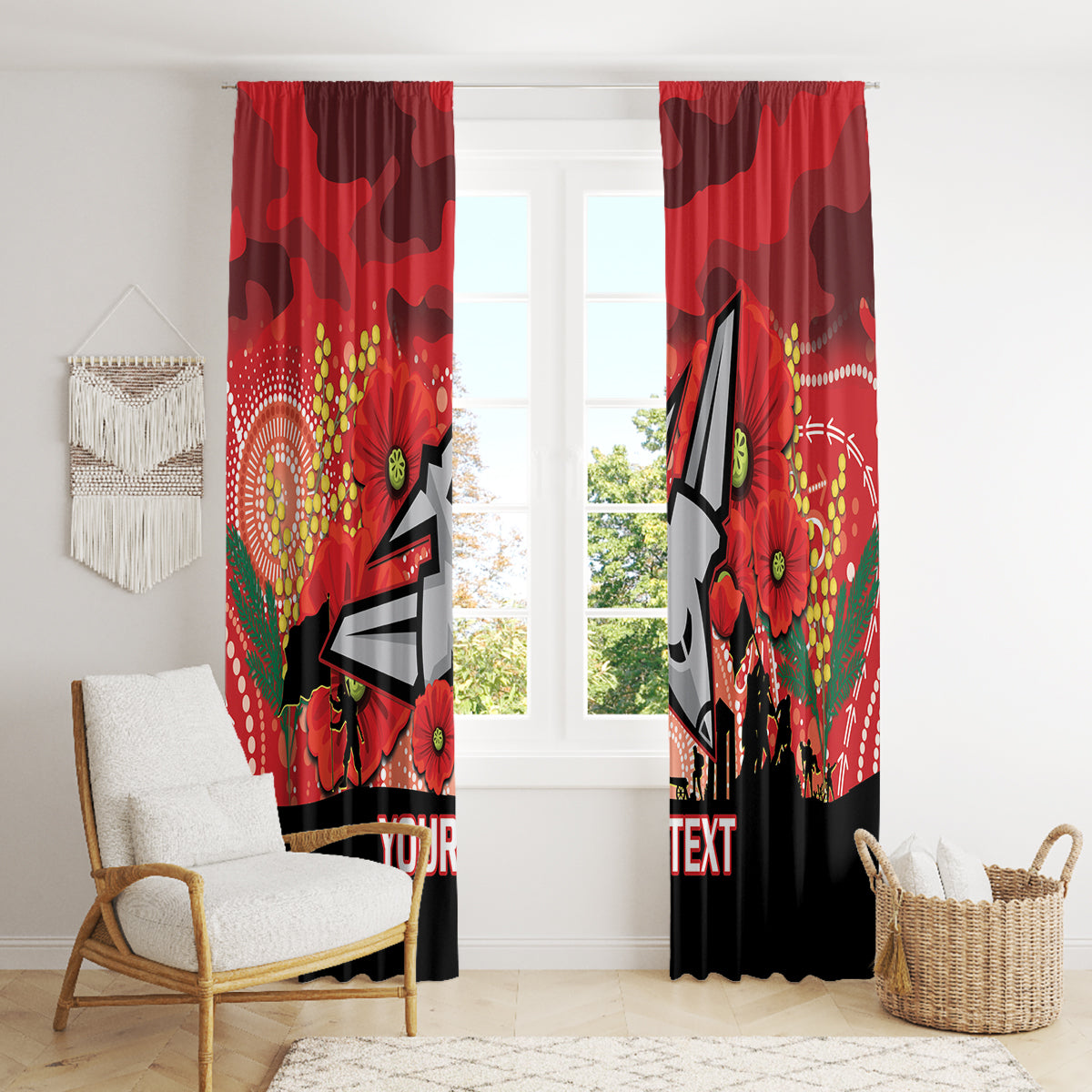 Custom Essendon Football ANZAC Window Curtain Gallipoli Camouflage With Poppies