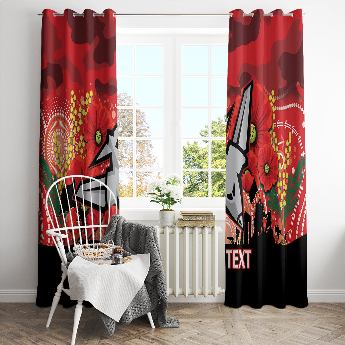 Custom Essendon Football ANZAC Window Curtain Gallipoli Camouflage With Poppies
