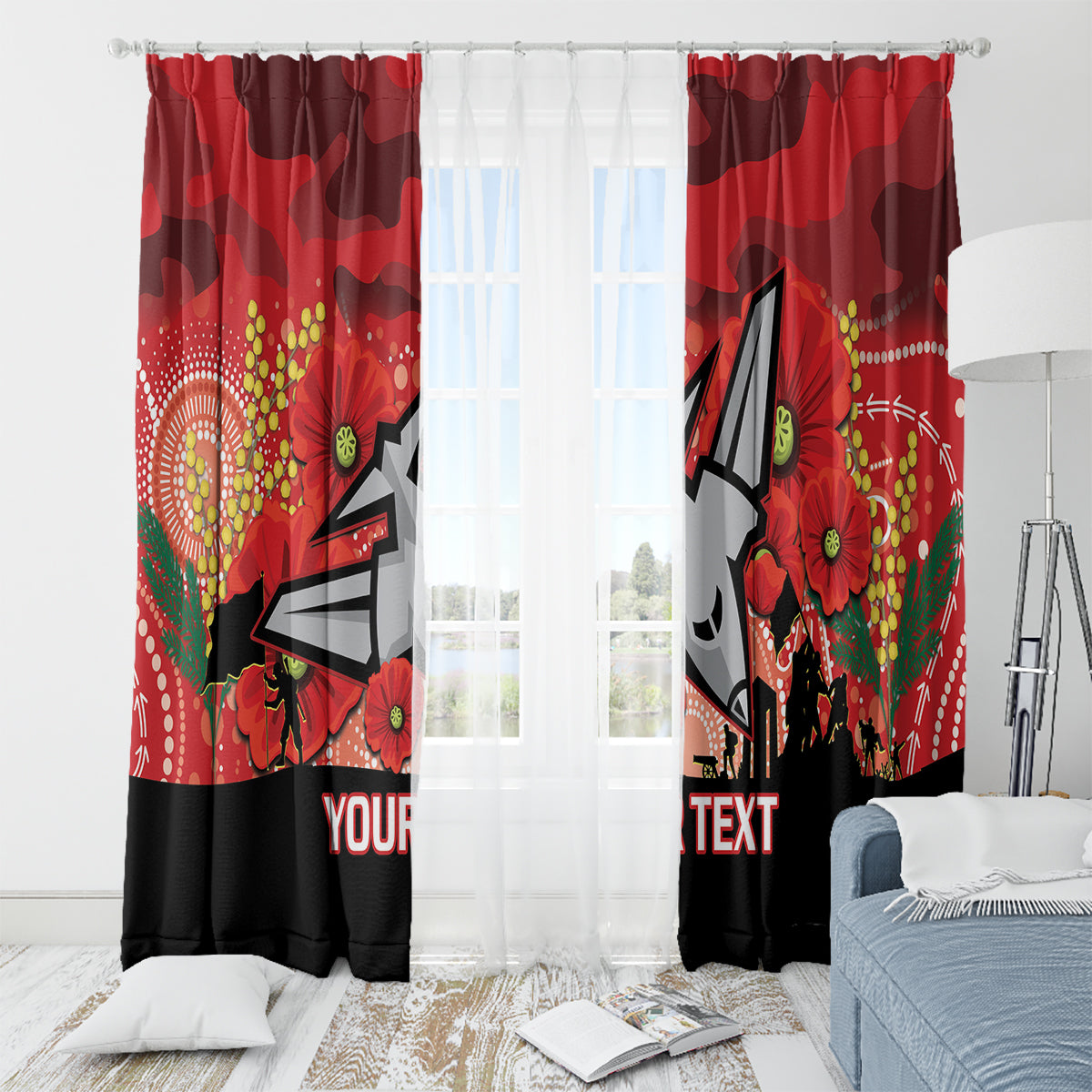 Custom Essendon Football ANZAC Window Curtain Gallipoli Camouflage With Poppies