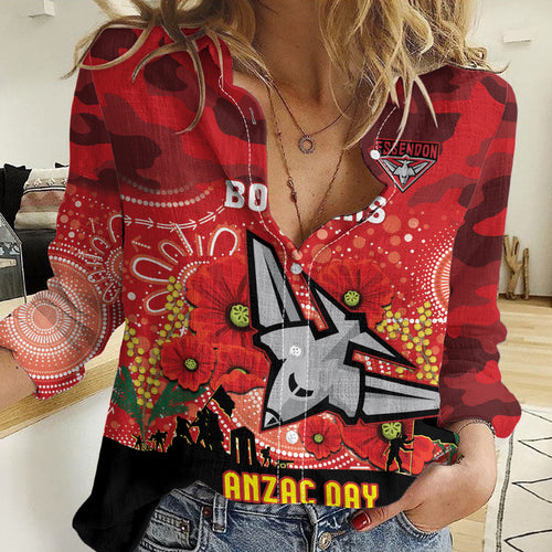Custom Essendon Football ANZAC Women Casual Shirt Gallipoli Camouflage With Poppies