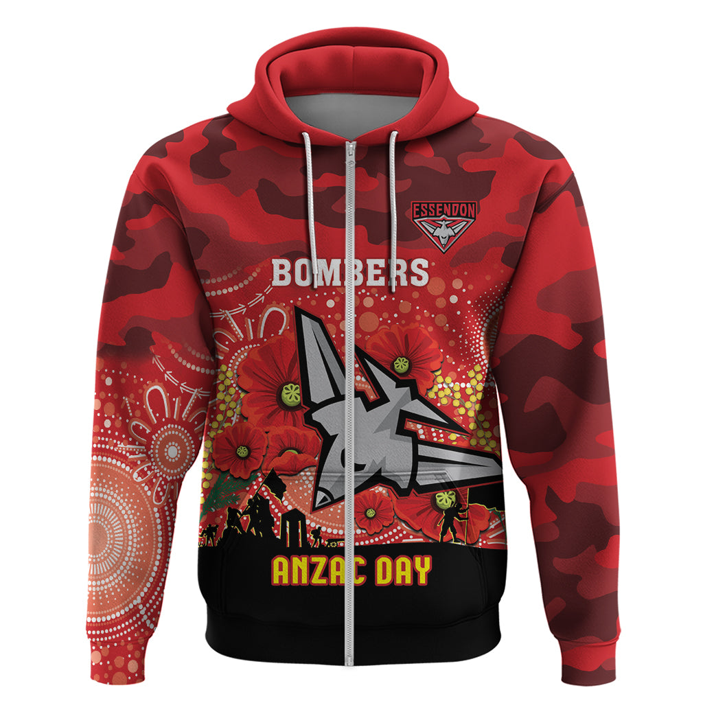 Custom Essendon Football ANZAC Zip Hoodie Gallipoli Camouflage With Poppies