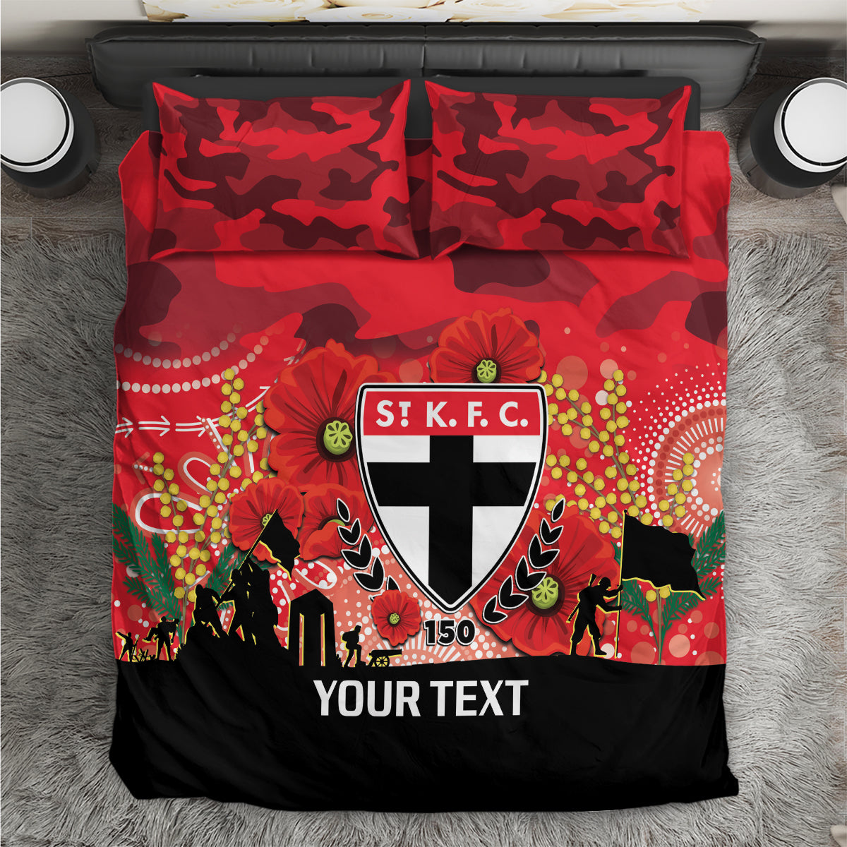 Custom St Kilda Football ANZAC Bedding Set Gallipoli Camouflage With Poppies