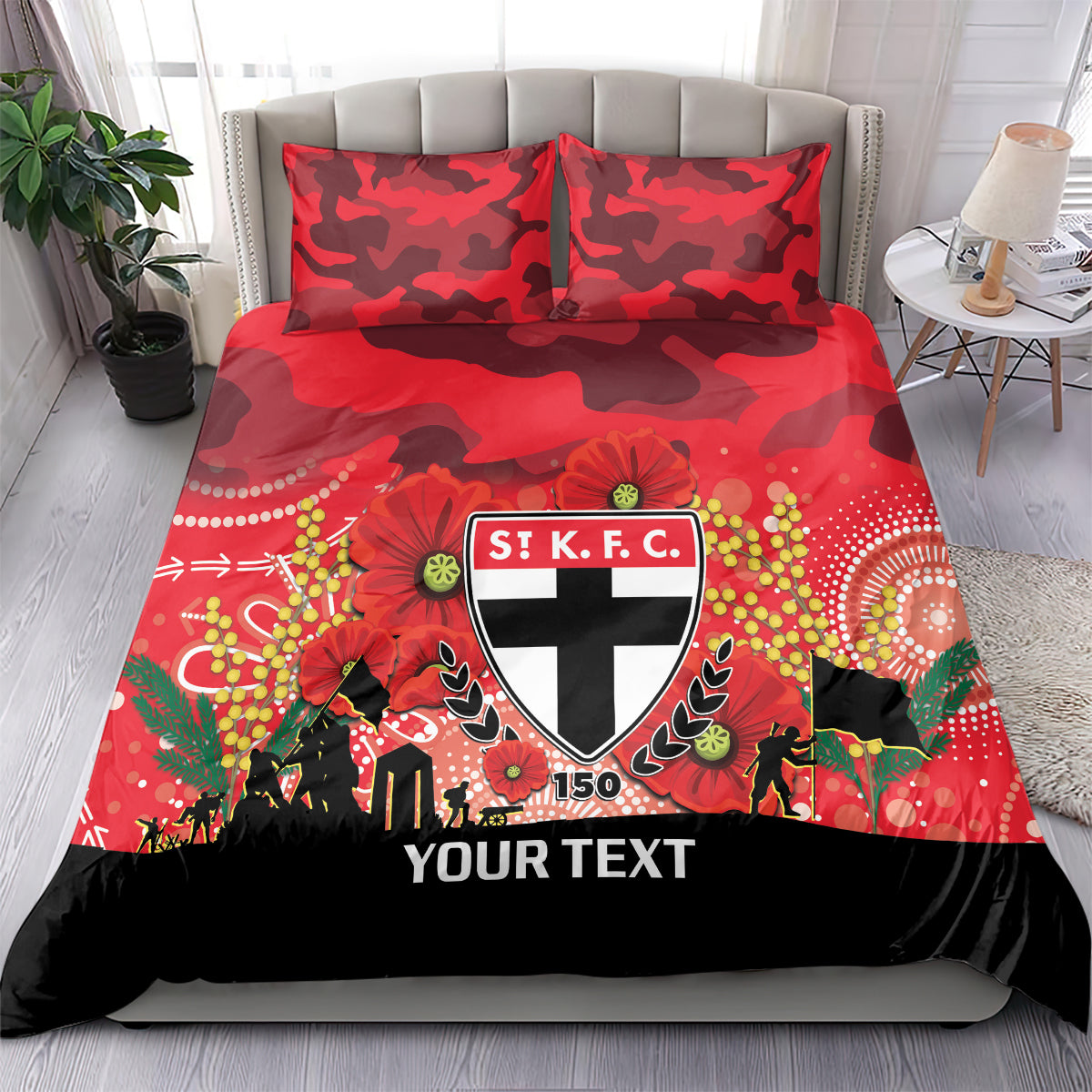 Custom St Kilda Football ANZAC Bedding Set Gallipoli Camouflage With Poppies