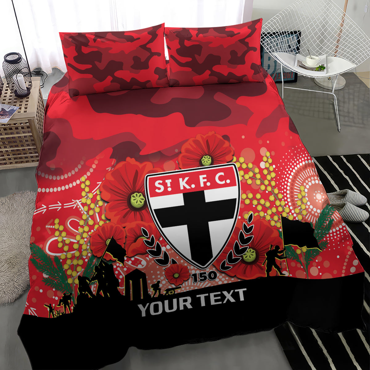 Custom St Kilda Football ANZAC Bedding Set Gallipoli Camouflage With Poppies