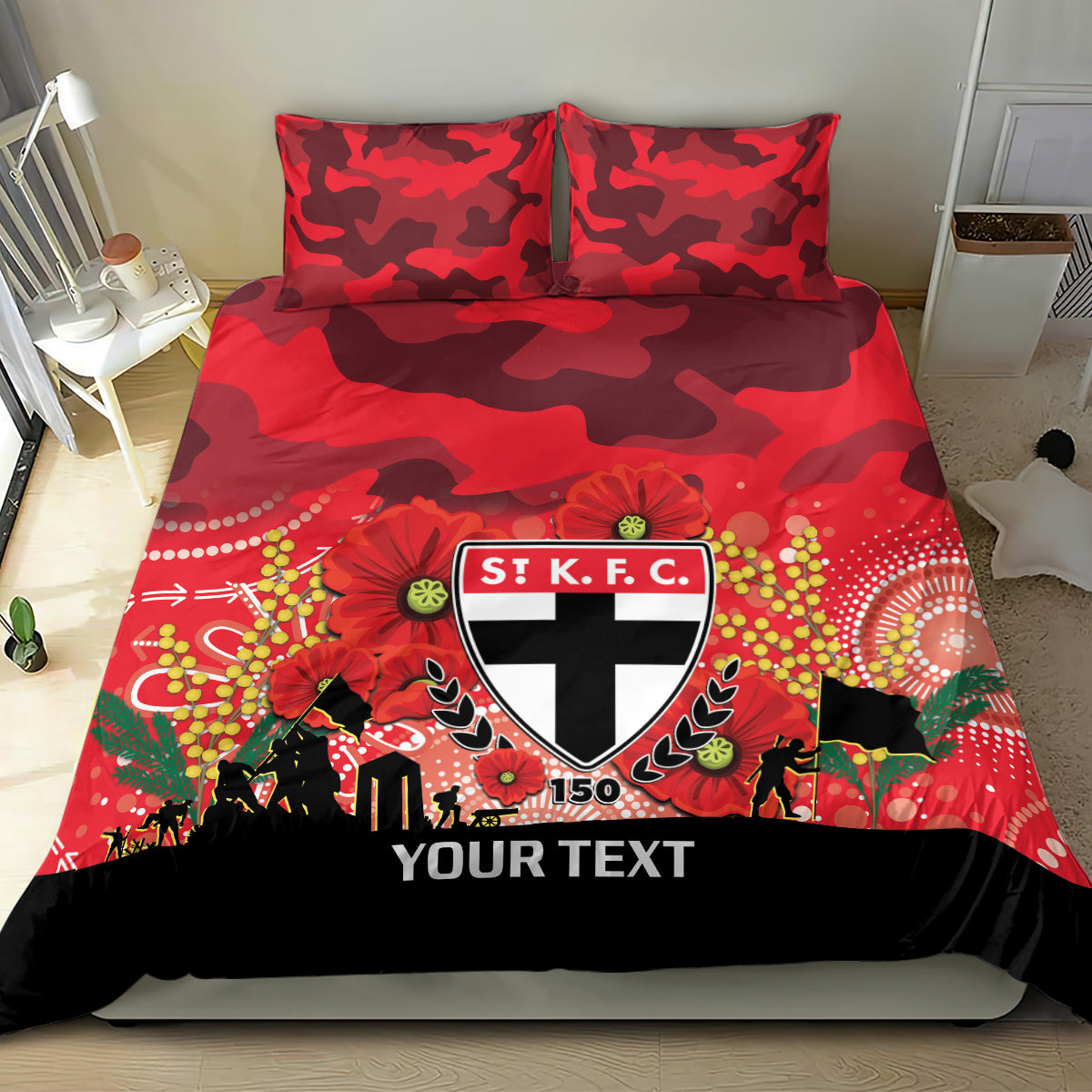 Custom St Kilda Football ANZAC Bedding Set Gallipoli Camouflage With Poppies