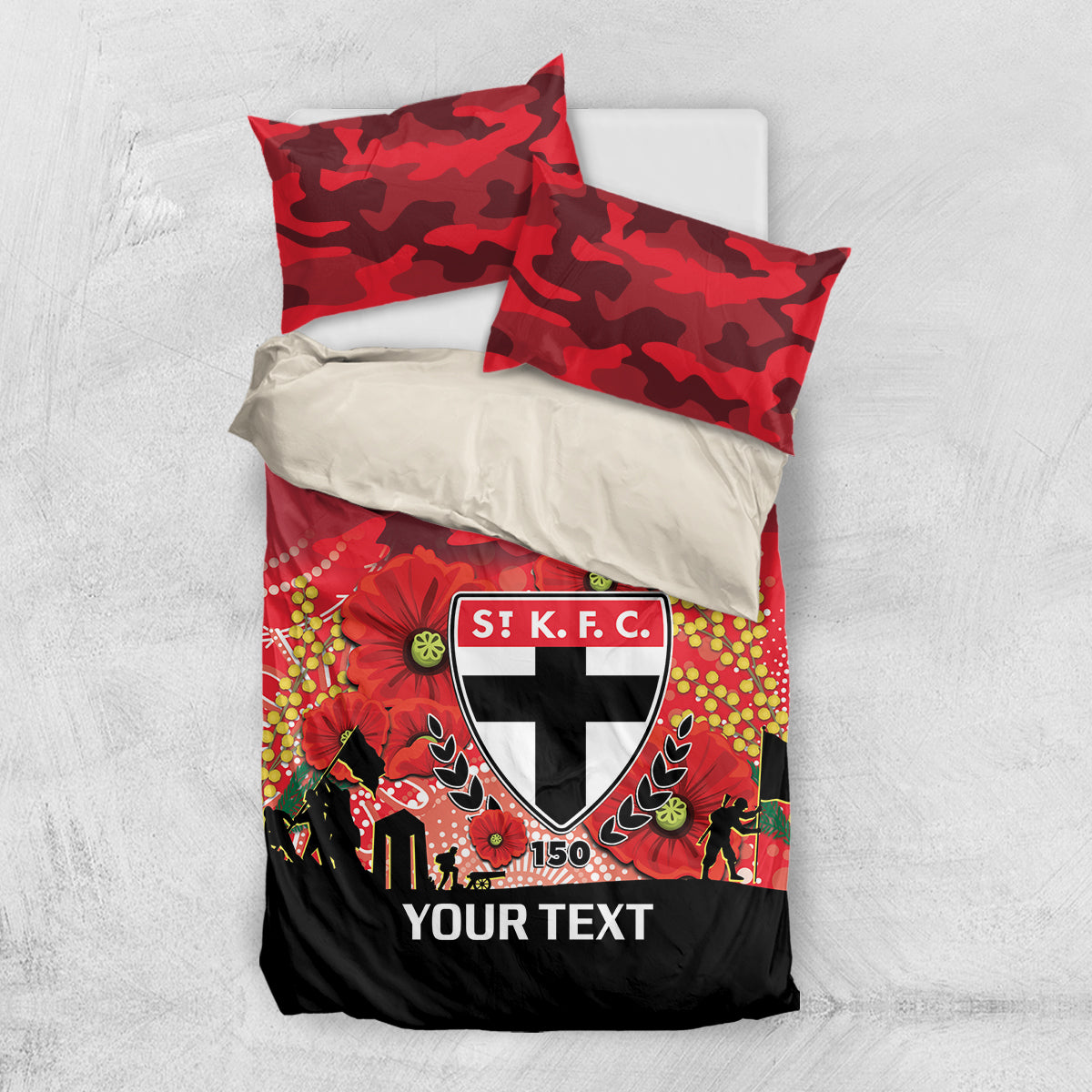 Custom St Kilda Football ANZAC Bedding Set Gallipoli Camouflage With Poppies
