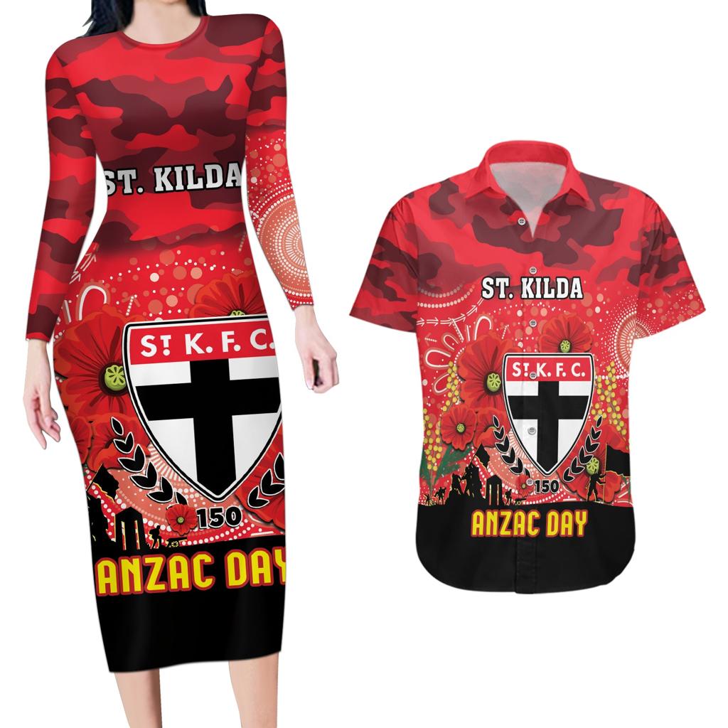 Custom St Kilda Football ANZAC Couples Matching Long Sleeve Bodycon Dress and Hawaiian Shirt Gallipoli Camouflage With Poppies
