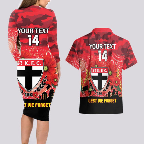 Custom St Kilda Football ANZAC Couples Matching Long Sleeve Bodycon Dress and Hawaiian Shirt Gallipoli Camouflage With Poppies