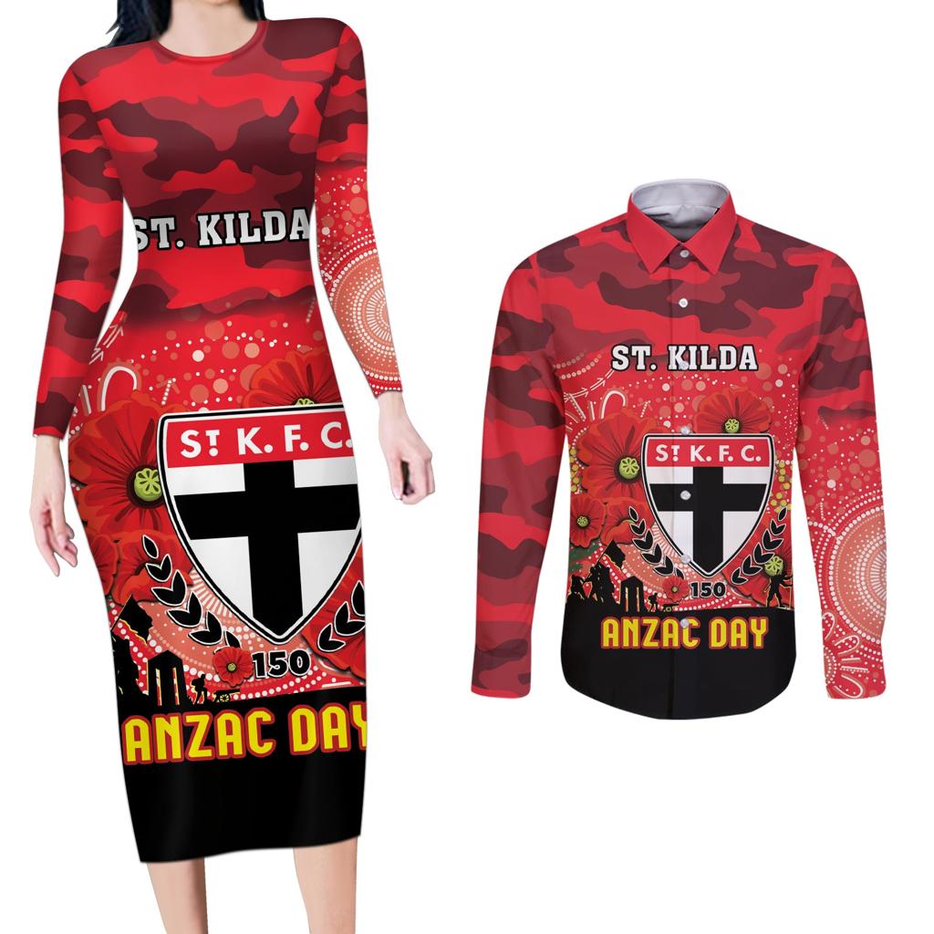 Custom St Kilda Football ANZAC Couples Matching Long Sleeve Bodycon Dress and Long Sleeve Button Shirt Gallipoli Camouflage With Poppies