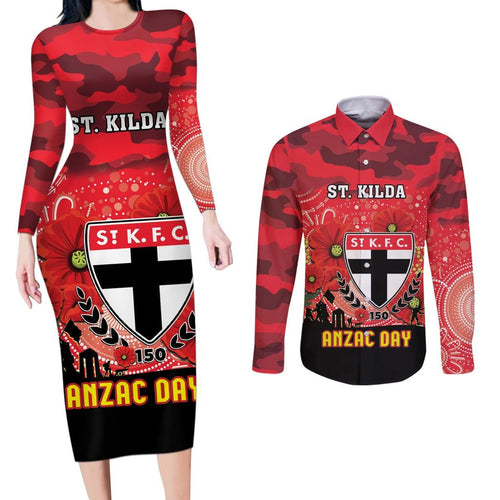 Custom St Kilda Football ANZAC Couples Matching Long Sleeve Bodycon Dress and Long Sleeve Button Shirt Gallipoli Camouflage With Poppies