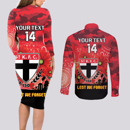 Custom St Kilda Football ANZAC Couples Matching Long Sleeve Bodycon Dress and Long Sleeve Button Shirt Gallipoli Camouflage With Poppies