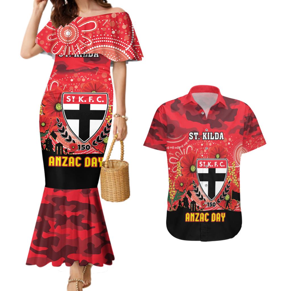 Custom St Kilda Football ANZAC Couples Matching Mermaid Dress and Hawaiian Shirt Gallipoli Camouflage With Poppies