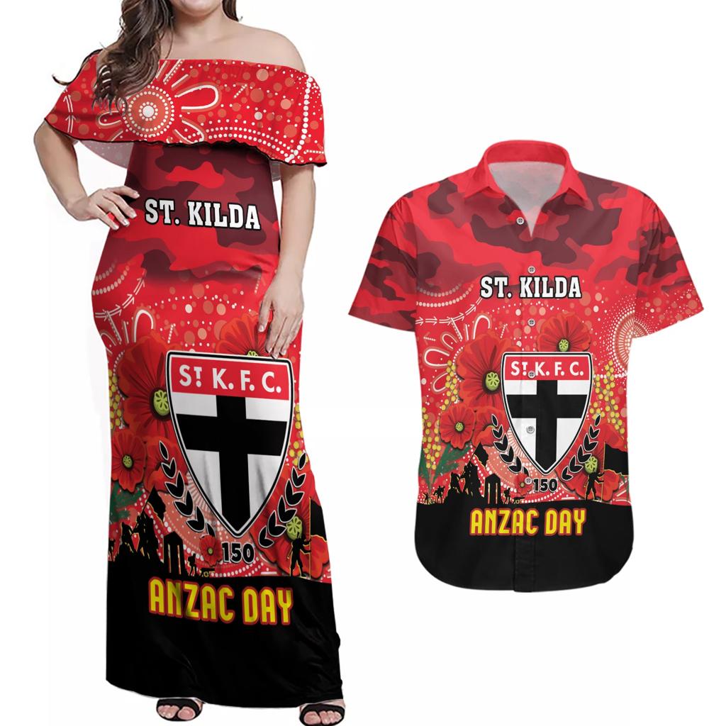 Custom St Kilda Football ANZAC Couples Matching Off Shoulder Maxi Dress and Hawaiian Shirt Gallipoli Camouflage With Poppies
