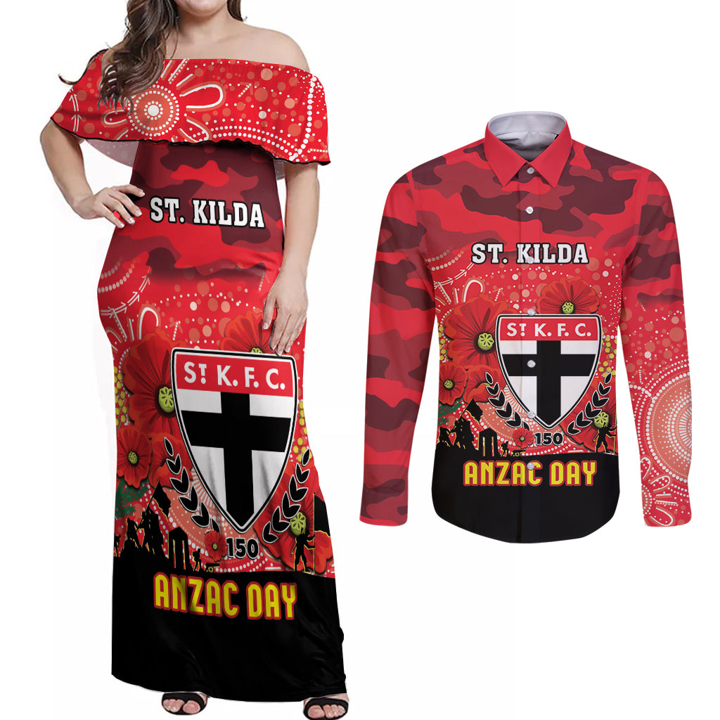Custom St Kilda Football ANZAC Couples Matching Off Shoulder Maxi Dress and Long Sleeve Button Shirt Gallipoli Camouflage With Poppies