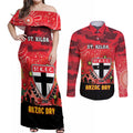 Custom St Kilda Football ANZAC Couples Matching Off Shoulder Maxi Dress and Long Sleeve Button Shirt Gallipoli Camouflage With Poppies