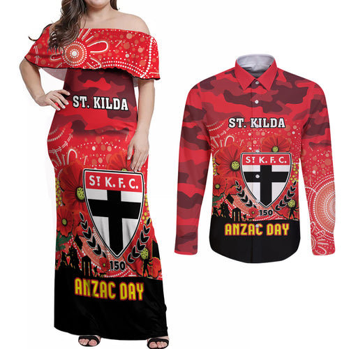 Custom St Kilda Football ANZAC Couples Matching Off Shoulder Maxi Dress and Long Sleeve Button Shirt Gallipoli Camouflage With Poppies