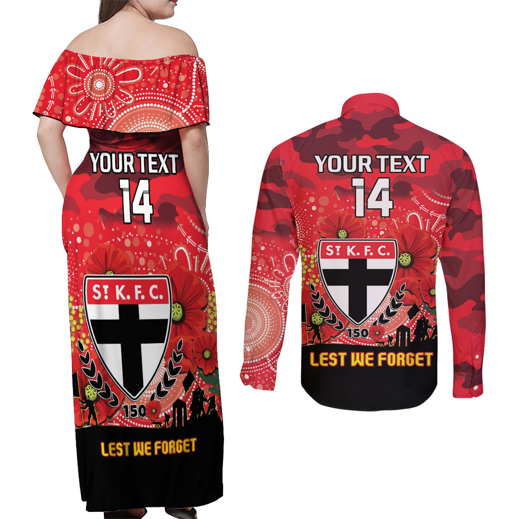 Custom St Kilda Football ANZAC Couples Matching Off Shoulder Maxi Dress and Long Sleeve Button Shirt Gallipoli Camouflage With Poppies