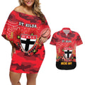 Custom St Kilda Football ANZAC Couples Matching Off Shoulder Short Dress and Hawaiian Shirt Gallipoli Camouflage With Poppies