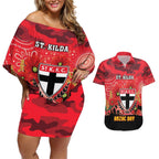 Custom St Kilda Football ANZAC Couples Matching Off Shoulder Short Dress and Hawaiian Shirt Gallipoli Camouflage With Poppies