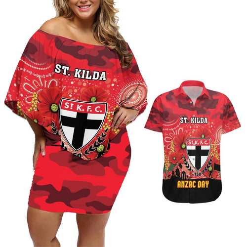 Custom St Kilda Football ANZAC Couples Matching Off Shoulder Short Dress and Hawaiian Shirt Gallipoli Camouflage With Poppies