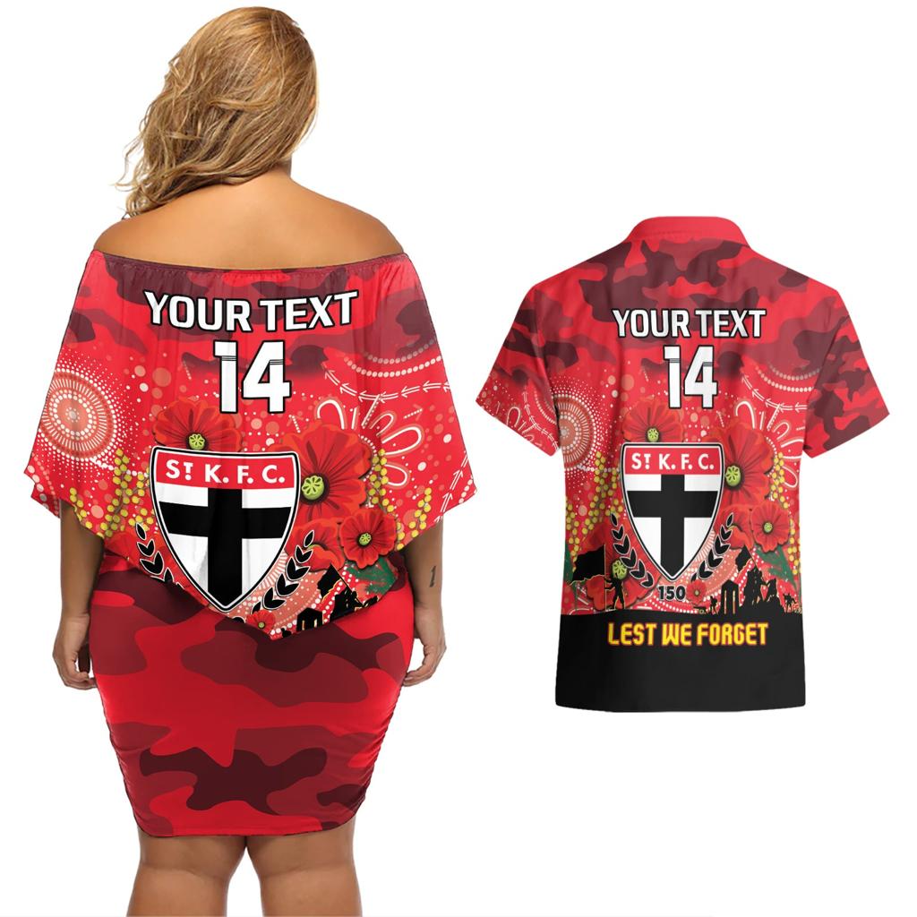 Custom St Kilda Football ANZAC Couples Matching Off Shoulder Short Dress and Hawaiian Shirt Gallipoli Camouflage With Poppies