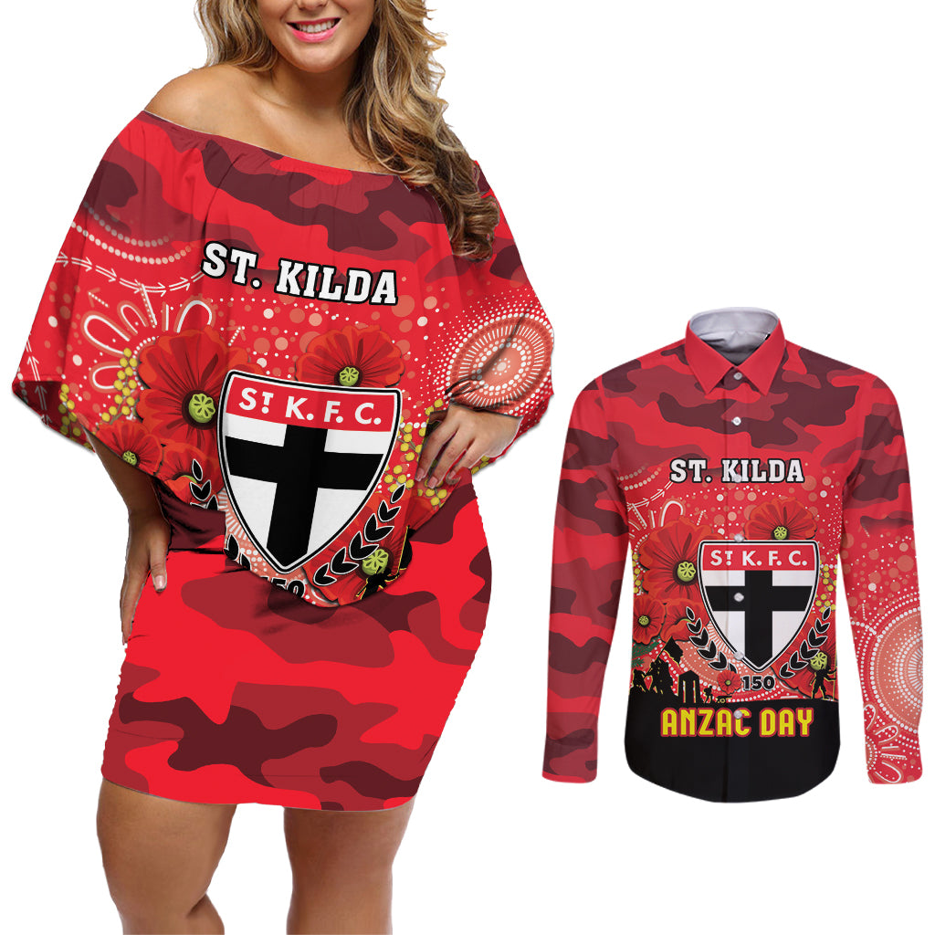 Custom St Kilda Football ANZAC Couples Matching Off Shoulder Short Dress and Long Sleeve Button Shirt Gallipoli Camouflage With Poppies