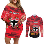 Custom St Kilda Football ANZAC Couples Matching Off Shoulder Short Dress and Long Sleeve Button Shirt Gallipoli Camouflage With Poppies