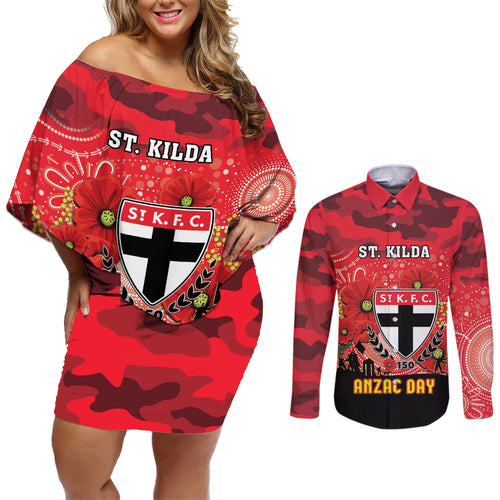 Custom St Kilda Football ANZAC Couples Matching Off Shoulder Short Dress and Long Sleeve Button Shirt Gallipoli Camouflage With Poppies