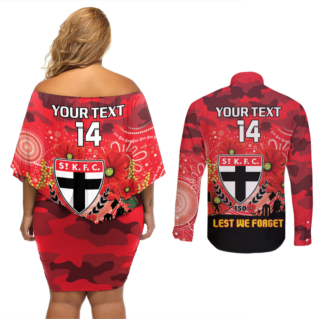 Custom St Kilda Football ANZAC Couples Matching Off Shoulder Short Dress and Long Sleeve Button Shirt Gallipoli Camouflage With Poppies