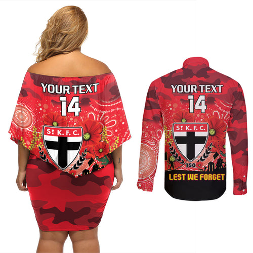 Custom St Kilda Football ANZAC Couples Matching Off Shoulder Short Dress and Long Sleeve Button Shirt Gallipoli Camouflage With Poppies