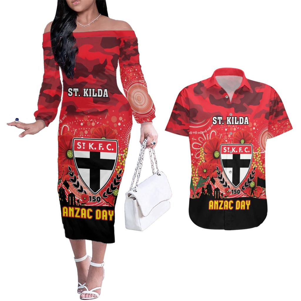 Custom St Kilda Football ANZAC Couples Matching Off The Shoulder Long Sleeve Dress and Hawaiian Shirt Gallipoli Camouflage With Poppies
